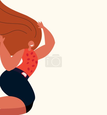 Illustration for Banner,broadsheet, Leaflet with place for text,white background.Beautiful Attractive Smiling Woman with long Beautiful Hair having Fun.The Femininity Concept.Minimalist Style.Vector flat Illustration - Royalty Free Image