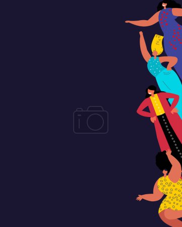 Illustration for Banner,broadsheet, Leaflet with place for text,dark background.Beautiful Women with Different Beauty,Hair,Skin Color.Different Races,Nations.Diversity.The Femininity Concept.Vector flat Illustration - Royalty Free Image