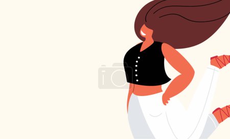 Illustration for Banner,broadsheet, Leaflet with place for text,white background.Beautiful Attractive Smiling Woman with long Beautiful Hair having Fun.The Femininity Concept.Minimalist Style.Vector flat Illustration - Royalty Free Image