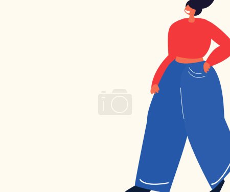 Illustration for Banner,broadsheet, Leaflet with place for text,white background.Beautiful Plump Attractive Smiling Woman with blue jeans having walk.The Femininity Concept.Minimalist Style.Vector flat Illustration - Royalty Free Image