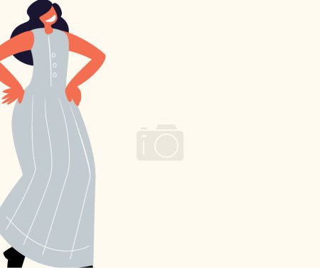 Illustration for Banner,broadsheet, Leaflet with place for text,white background.Beautiful Attractive Smiling Woman in long Beautiful Dress.The Femininity Concept.Minimalist Style.Vector flat Illustration - Royalty Free Image