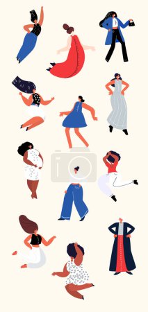 Illustration for Set of Stickers with Beautiful Women with Different Beauty,Hair,Skin Color.Party,Dances. Beautiful People with Different Races,Nations.Diversity.The Femininity Concept.Vector flat Illustration - Royalty Free Image