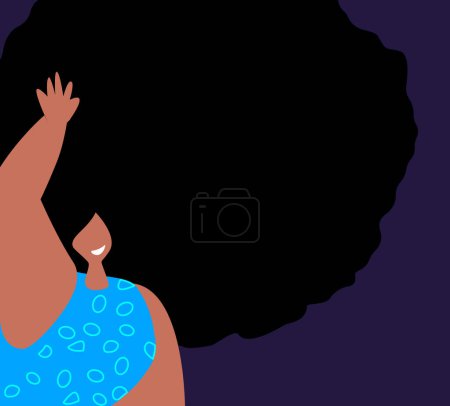 Ilustración de Postal, pancarta con lugar para texto con Young Smiling African Woman, anuncio.Personaje femenino feliz con peinado bouffante.Diseño de fondo creativo para logo.Ilustración vectorial plana - Imagen libre de derechos