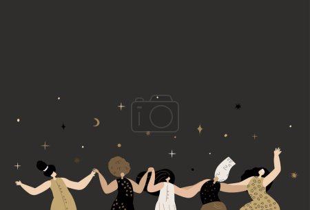 Illustration for Happy Feminine Party Woman Festival.Women Dancing in Female Circle Together. Postcard,banner with place for text .Woman Power. Feminine,Female Empowerment Night Fest. Flyer Flat Vector Illustration - Royalty Free Image