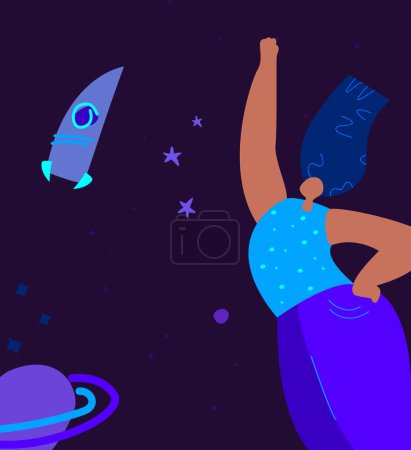 Illustration for Feminism concept.Confident Bright Woman Lady Flying with Rocket to Space,Stars and Achievements. Super Women.Female International Woman Day Everyday.Feminine Power,Empowerment.Flat Vector Illustration - Royalty Free Image