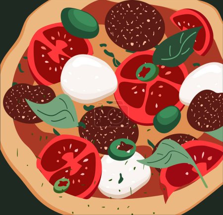Ilustración de Pizza entera con pepperoni, salchicha, salami, mozzarella, quesos, tomatores.Plato de comida italiana con corteza gruesa. - Imagen libre de derechos