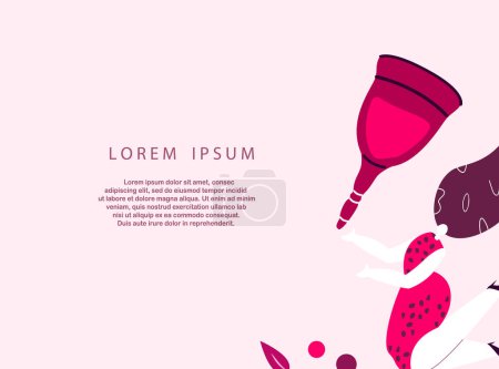 Illustration for Menstruation Composition Poster.Flyer,Banner Female period,menstrual blood,womb,uterus,ovaries,ovulation,woman keeping huge reusable cup,flowers.Pink flat vector illustrations - Royalty Free Image