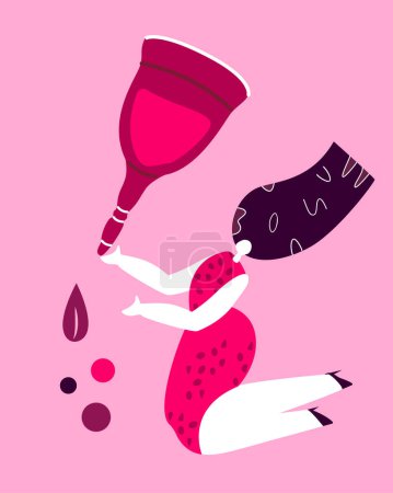 Woman holding Huge huge Menstruation reusable cup. Composition Poster.Flyer,Banner Female period,menstrual blood,womb,uterus,ovaries,ovulation,woman keeping ,flowers.Pink flat vector illustrations