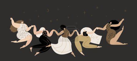 Happy Feminine Party Woman Festival.Strong Women Dancing in Female Circle Together. Ritual dance together.Sacred Woman Power. Feminine,Female Empowerment Night Fest. Flyer Flat Vector Illustration