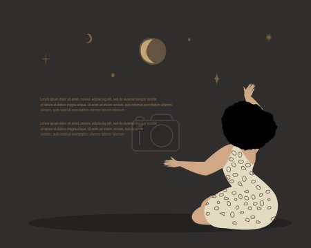 Illustration for Woman astrologist,fortune-teller making a prediction,forecasting ritual on Moon.Esoterics Witch.Sacred Female Power,Energy.Flyer,Promo,Banner,Place for text,Advertisement,Flat Vector Illustration - Royalty Free Image