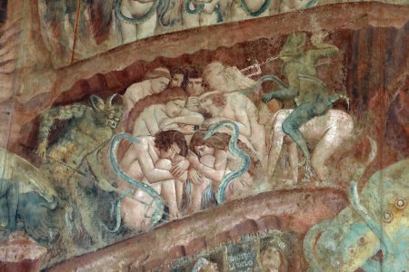 Photo for Demons torture the damned souls. Medieval fresco in the Camposanto of Pisa, Italy. - Royalty Free Image