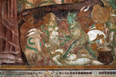 Photo for Demons torture the damned souls. Medieval fresco in Camposanto of Pisa, Italy. - Royalty Free Image
