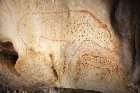 Foto de Vallon-Pont-d'Arc, France - July 31, 2022: Prehistoric depiction of Hyena in Chauvet caves, France - Imagen libre de derechos