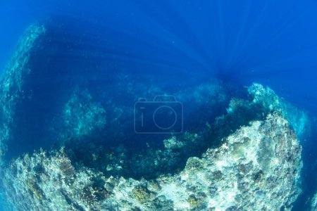 Photo for Beams of sunlight falls beyond a dramatic reef drop off near Alor, Indonesia. This area is within the Coral Triangle, a region known for its extraordinary marine biodiversity. - Royalty Free Image