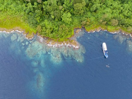 Téléchargez les photos : Une île tropicale luxuriante est bordée par un récif corallien dans les îles Salomon. Ce beau pays abrite une biodiversité marine spectaculaire et de nombreux sites historiques de la Seconde Guerre mondiale. - en image libre de droit