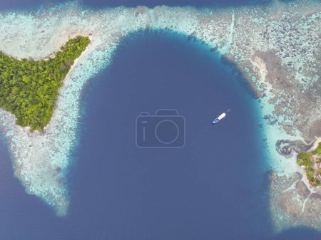 Téléchargez les photos : A healthy, robust coral reef surrounds a scenic bay in the Solomon Islands. This beautiful country is home to spectacular marine biodiversity and many historic WWII sites. - en image libre de droit