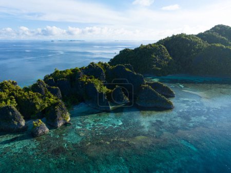 Téléchargez les photos : Les îles incroyablement pittoresques de Penemu sont entourées de magnifiques récifs coralliens. Ces îles, situées dans le nord de Raja Ampat, abritent un incroyable éventail de biodiversité. - en image libre de droit