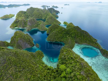 Foto de Hermosas islas de piedra caliza surgen del paisaje marino tropical de Raja Ampat. Esta región de Indonesia es conocida como el corazón del Triángulo del Coral debido a la extraordinaria biodiversidad marina que se encuentra allí.. - Imagen libre de derechos