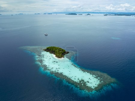 Una isla remota, rodeada de arrecifes, se encuentra en el paisaje marino de Raja Ampat. Esta región de Indonesia es conocida como el corazón del Triángulo del Coral debido a la extraordinaria biodiversidad marina que se encuentra allí..