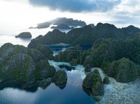 Limestone islands, fringed by reef, rise from Raja Ampat's tropical seascape. This region of Indonesia is known as the heart of the Coral Triangle due to the high marine biodiversity found there.