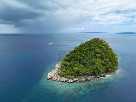 Foto de Una isla de piedra caliza, bordeada por un arrecife, surge del paisaje marino tropical de Raja Ampat. Esta región de Indonesia es conocida como el corazón del Triángulo del Coral debido a la alta biodiversidad marina que se encuentra allí. - Imagen libre de derechos