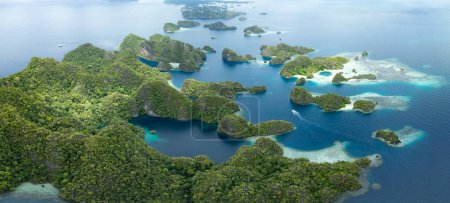 Las islas de piedra caliza, bordeadas por arrecifes, surgen del paisaje marino tropical de Raja Ampat. Esta región de Indonesia es conocida como el corazón del Triángulo del Coral debido a la alta biodiversidad marina que se encuentra allí.