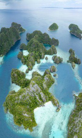 Foto de Las islas de piedra caliza, bordeadas por arrecifes, surgen del paisaje marino tropical de Raja Ampat. Esta región de Indonesia es conocida como el corazón del Triángulo del Coral debido a la alta biodiversidad marina que se encuentra allí. - Imagen libre de derechos