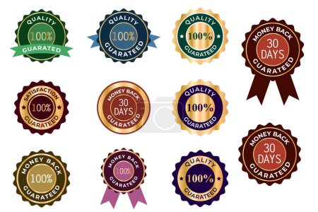 Set of classic Warranty Guarantee Gold Seal Ribbon Vintage Award insignia quality stamp design best guarantee premium product sale sticker tag warranty