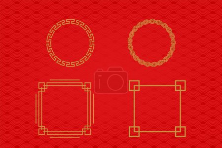 Photo for Chinese frame or border set on red background. traditional asian ornaments, golden oriental - Royalty Free Image