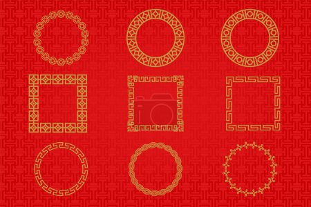 Photo for "Chinese traditional ornaments, Set of Lunar year decorations, flowers, lanterns, clouds, elements and icons. Immerse yourself in the rich tapestry of Chinese tradition with our exquisite frame or border set - Royalty Free Image