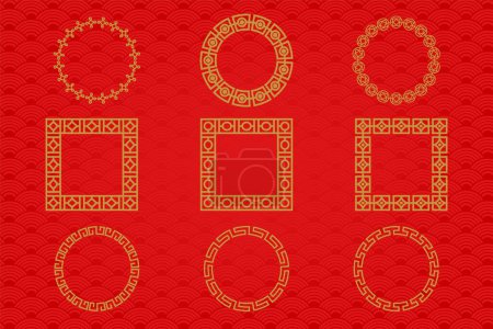 Photo for "Chinese traditional ornaments, Set of Lunar year decorations, flowers, lanterns, clouds, elements and icons. Immerse yourself in the rich tapestry of Chinese tradition with our exquisite frame or border set - Royalty Free Image