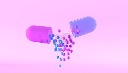 Téléchargez les photos : Pilule de capsule médicale ouverte réaliste. Médicament 3D. Capsules de rendu 3d tombant sur fond rose. - en image libre de droit