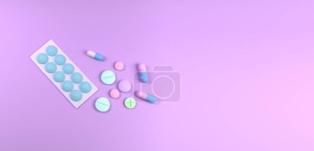 Photo for Colored Pills, Tablets and Capsules Blisters for Pharmacy and Medicine, with a Syringe. Pink medical Background for presentation. 3d render. - Royalty Free Image