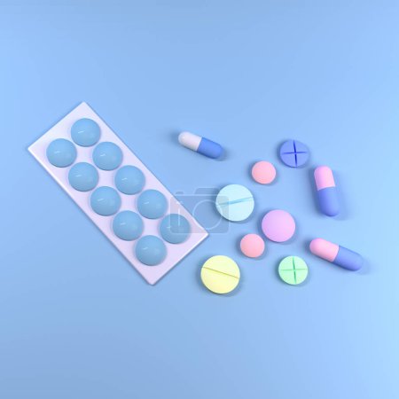 Photo for Colored Pills, Tablets and Capsules Blisters for Pharmacy and Medicine, with a Syringe. Blue medical Background. 3d render Tablets Blister for Pharmacy and Medicine, Background. 3d render. - Royalty Free Image