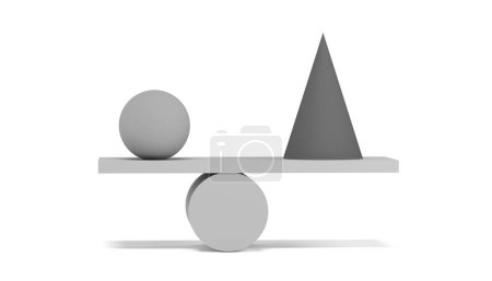 Illustration des Gleichgewichts volumetrischer geometrischer Formen auf weißem Hintergrund. Gleichgewichtskegel und -kugel. Zeitgenössische Kunst. 3D-Illustration