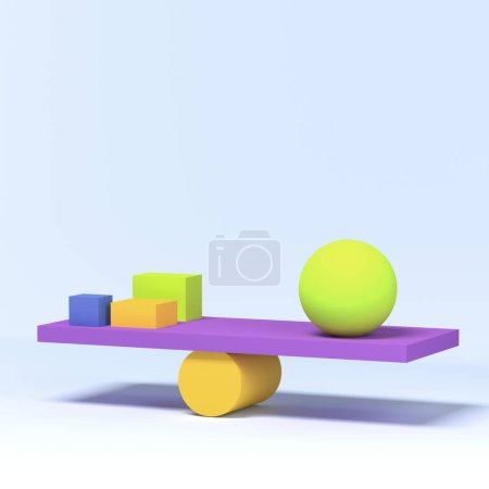 Foto de Visualización 3D del equilibrio de las formas geométricas. Equilibrio de cubos y pelota. Balance en el tablero. Fondo azul geométrico abstracto. Idea de diseño para pancartas, carteles educativos - Imagen libre de derechos