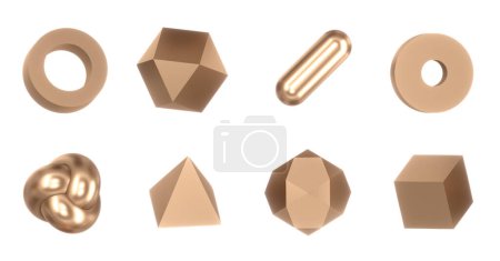 Foto de Conjunto de objetos de formas geométricas de oro 3d. Elementos de geometría realista de oro rojo. Colección de poliedro, cubo, lingote, pirámide, legumina, anillo. - Imagen libre de derechos