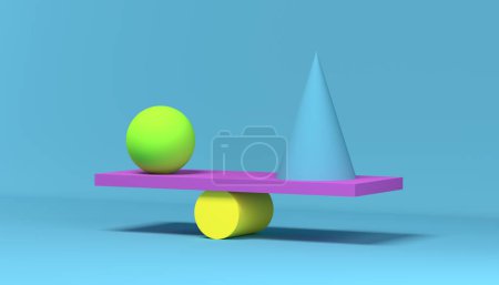 Foto de 3d ilustración del equilibrio de las formas geométricas. Equilibrio, cono y esfera en escalas isométricas. - Imagen libre de derechos