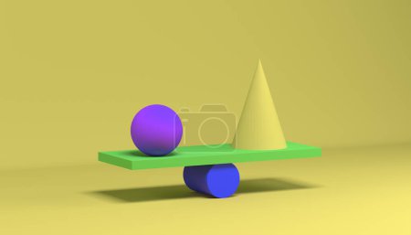 Foto de Equilibrio de diferentes formas geométricas sobre fondo amarillo. Ilustración de renderizado 3d Para publicidad. - Imagen libre de derechos