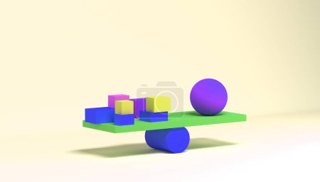 Foto de Ilustración abstracta del equilibrio. Visualización 3D. Balanceo de cubos y pelota en la balanza. Fondo geométrico - Imagen libre de derechos