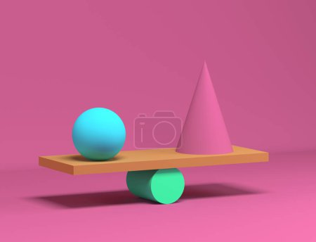 Foto de Representación 3D de formas geométricas equilibradas. Bola, cono y cilindro. Balance geométrico. Fondo rosa - Imagen libre de derechos