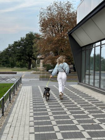 Una chica y un perro caminando con una correa, vista trasera. Paseando en un cálido día de otoño con un perro en una calle de la ciudad. Bulldog francés y elegante rubia en ropa ligera. Pareja feliz.