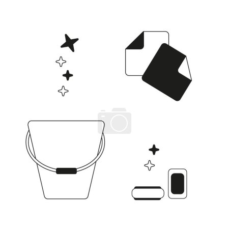 Illustration for Set of icons for cleaning tools. House cleaning staff. Flat design style. Cleaning design elements. Vector illustration. Black and white illustrations: Rags wipes, bucket, soap. - Royalty Free Image