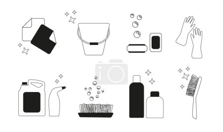 Illustration for Set of icons for cleaning tools. House cleaning staff. Flat design style. Cleaning design elements. Vector illustration. Black and white illustrations: Rags wipes, bucket, soap, washcloths, gloves, detergent, brush, shampoo, broom. - Royalty Free Image