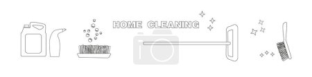 Ilustración de Línea de limpieza para el hogar. Limpieza Inicio doodle icono conjunto. Cleanup House Tools Colección de ilustración vectorial. Dibujado a mano Estilo de arte. - Imagen libre de derechos