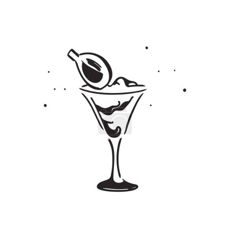 Illustration for Cocktail glass, doodle style. Cocktail vector black and white illustration. Original interior design of a bar. - Royalty Free Image
