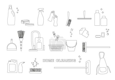 Tools for cleaning. Set icons concept in flat line design. Tools and instruments for quick and high quality cleaning. Vector illustration. House cleaner equipment icons set. Outline set of house cleaner equipment.