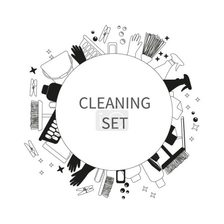 Illustration for Maid service Cleaning set. Housework, cleaning vector equipment with round frame on white background. Set of vector design elements for spring house cleaning arranged in a circle. outline. Black and white set with place for text. - Royalty Free Image