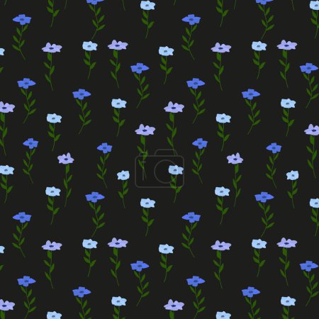 Illustration for Isolated vector illustration. Seamless floral pattern. Star with branches of periwinkle flower. Vinca minor. Folk style. On black background. Vinca minor. Wild blue flowers on a white background. - Royalty Free Image