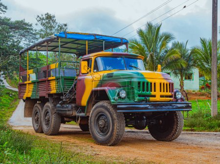 Guanayara National Park, Trinidad, Cuba. Soviet truck adapted for tourist trips through the mountains of Cuba in Guanayara Park. Military camouflage ZIL truck. Tourist routes in Guanayara Park